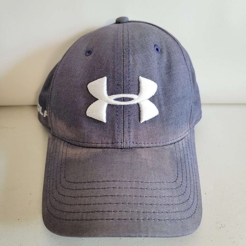 Under Armour Golf Hat Mens Blue Grey Leather Strapback Adjustable Cap